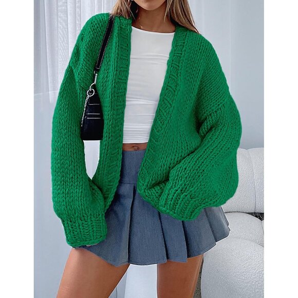 Womens Trendy Cardigan Sweaters Green Long Sleeve Chunky Knit Outfits - Picture 7 of 8